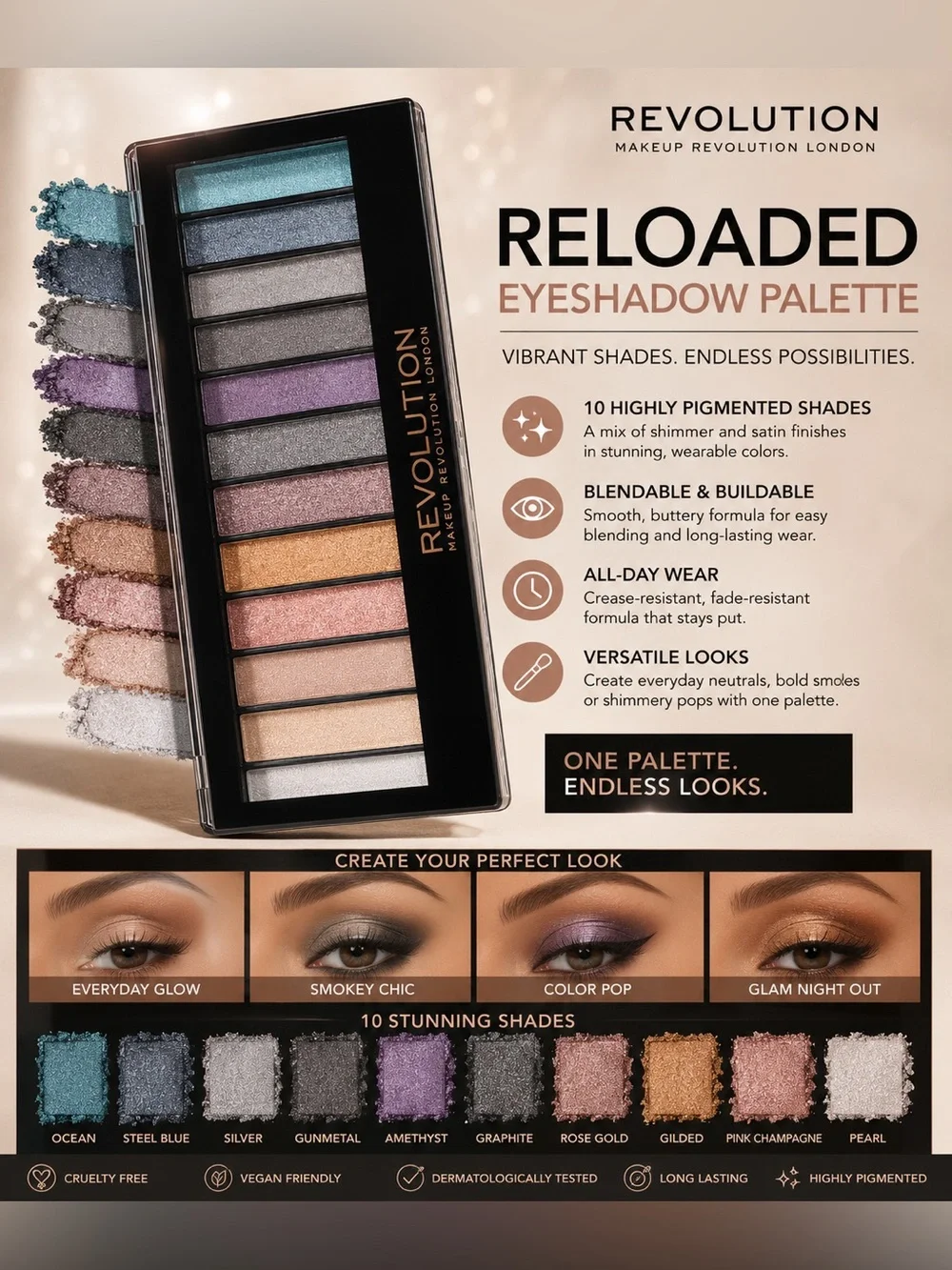 Revolution Shimmer Eyeshadow Palette — Pink, Gold, Purple, Blue, Silver